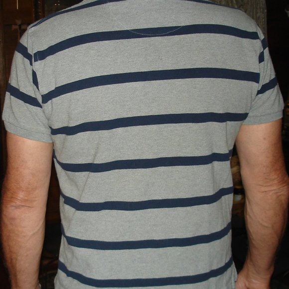 Basic Editions Classic Fit Mens Gray & Blue Striped Short Sleeve Polo Size LG - Picture 3 of 5